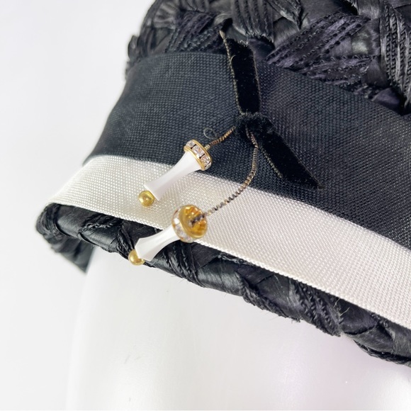 Vintage Mr. John Classic Black Woven Pillbox Style Hat with White Trim - Picture 3 of 8